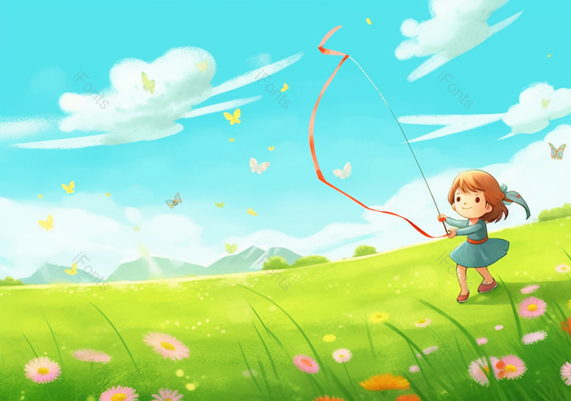 蝴蝶飞舞儿童节女孩在草原草地快乐地放风筝小清新插画,插画/手绘图,插画/手绘图库,插画/手绘图下载,插画/手绘